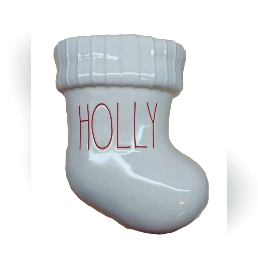 Rae Dunn by Magenta "Holly"  Ceramic Christmas Stocking wall pocket
